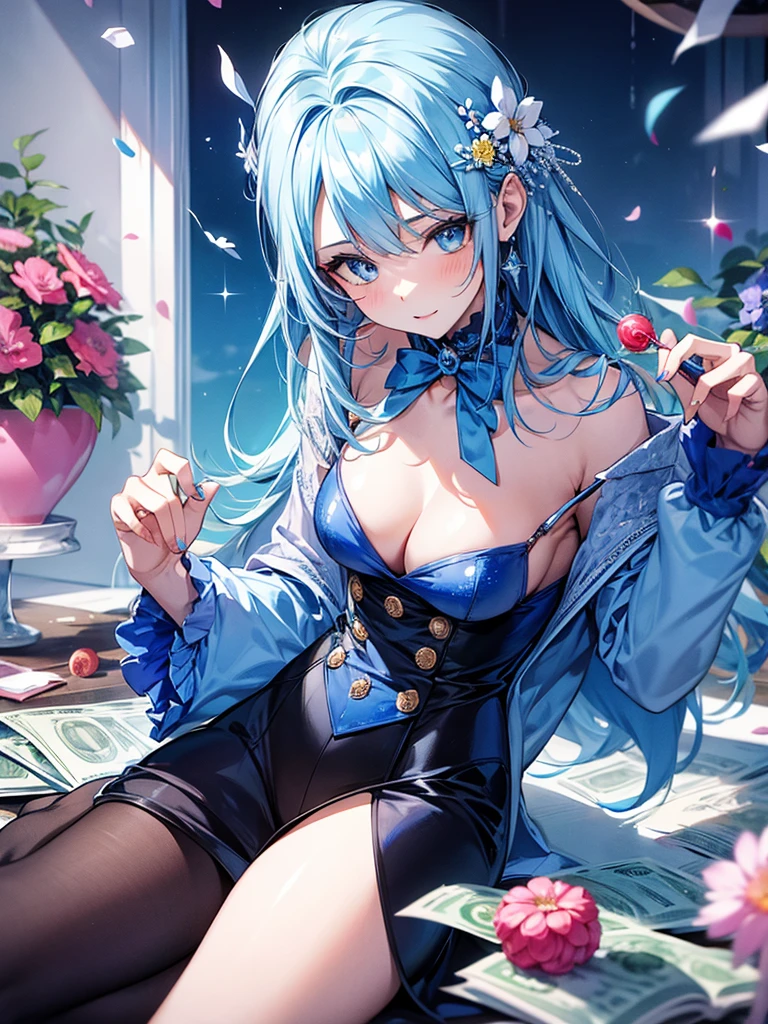 A woman,Mature,cute,pretty,Money,blue,Colorful,flower,candy,