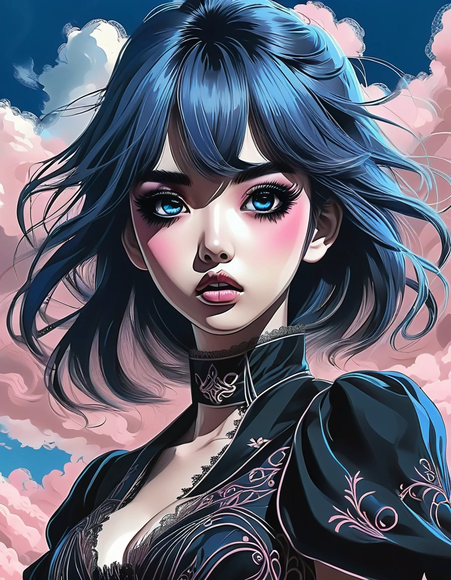 a young attractive Gothic anime girl, strong Gothic makeup, expressive big eyes, mascara running down her face, defiant manicure, oblique bangs, dark clouds, Anime Line Drawing [pencil-drawing: pink+blue+sepia], ((Guwayz style)) intricate, unusual detailing, ((best quality)), ((masterpiece)) , ((realistic)), 8K, expressionism:1.2
