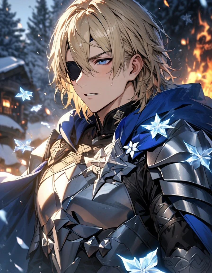 absurdres, highres, ultra detailed, HDR), masterpiece, Dimitri, blond hair, hair between the eyes, expressive blue eyes, black eye patch, 1man, extremely handsome, fire emblem three houses, winter, ice butterflies, ice flowers, blue cape, silver armor