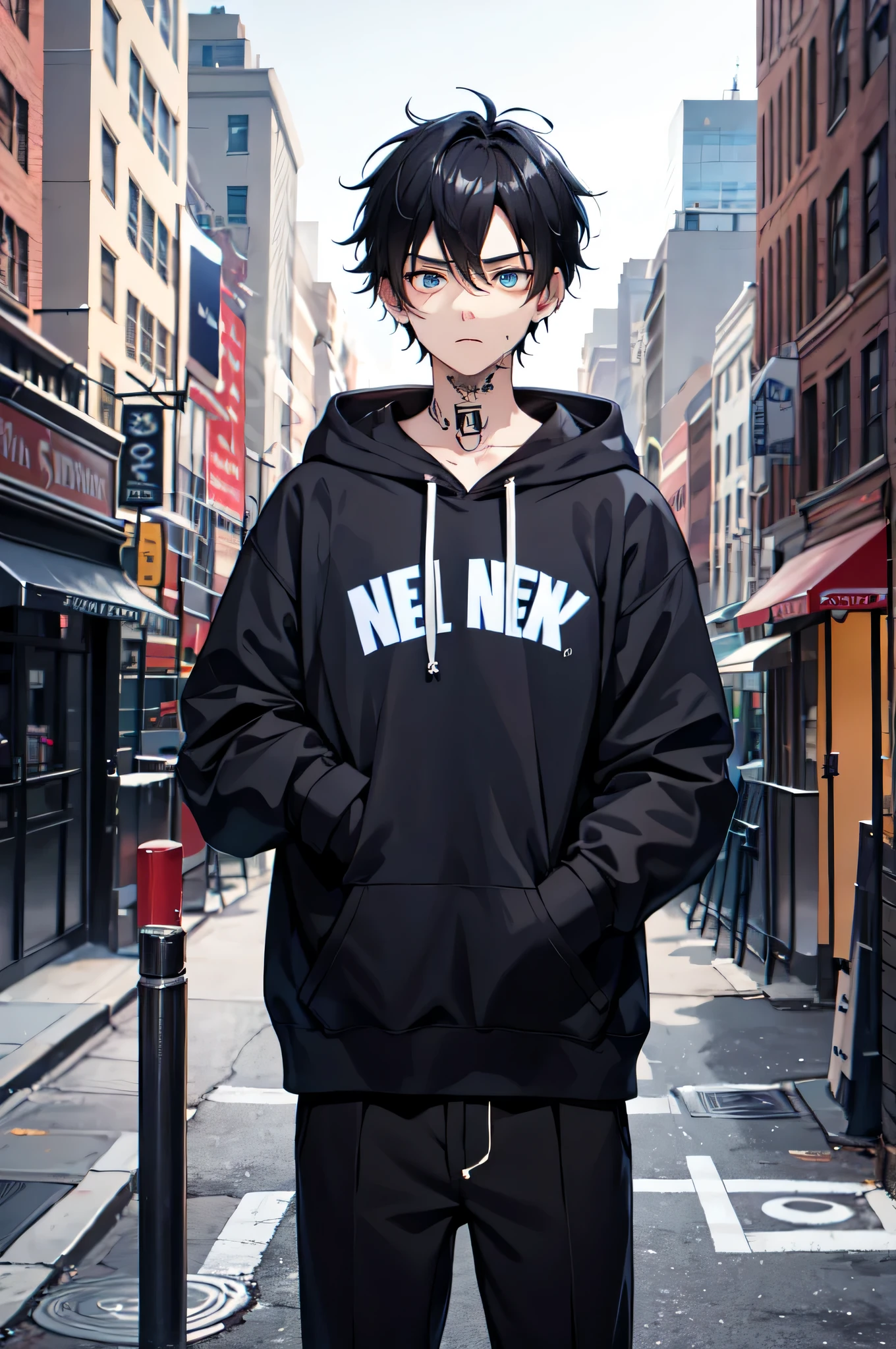 1boy,city,new york yankees baseball hoodie,tied hair,black hair,blue eyes,using piercing,his hand was holding a cigarette