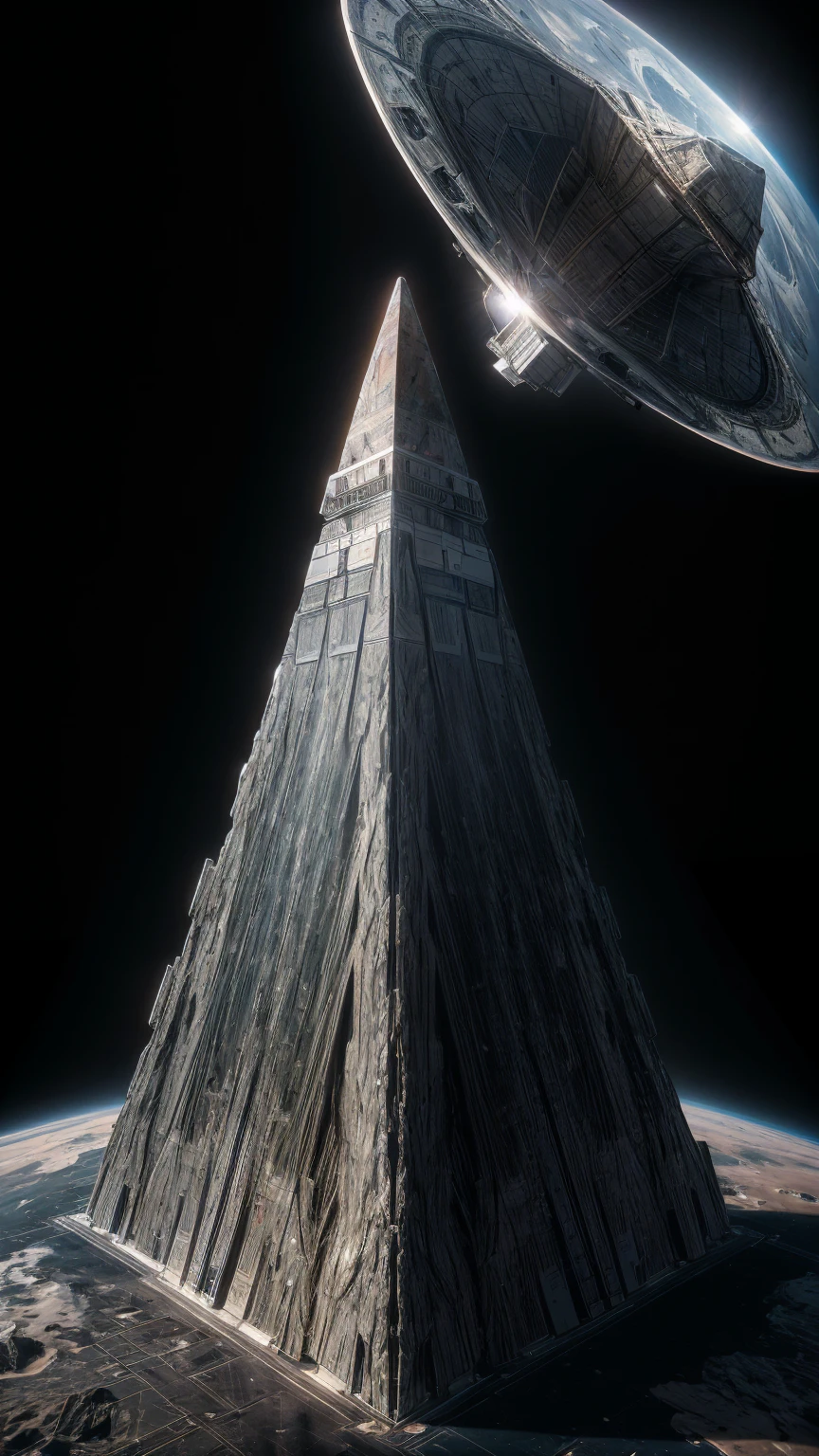((masterpiece, highest quality, highest image quality, high resolution, photorealistic, raw photo, 16K)), in center of picture a spacecraft interstellar space, sophisticated design, vertically highshapes geometric of pyramid