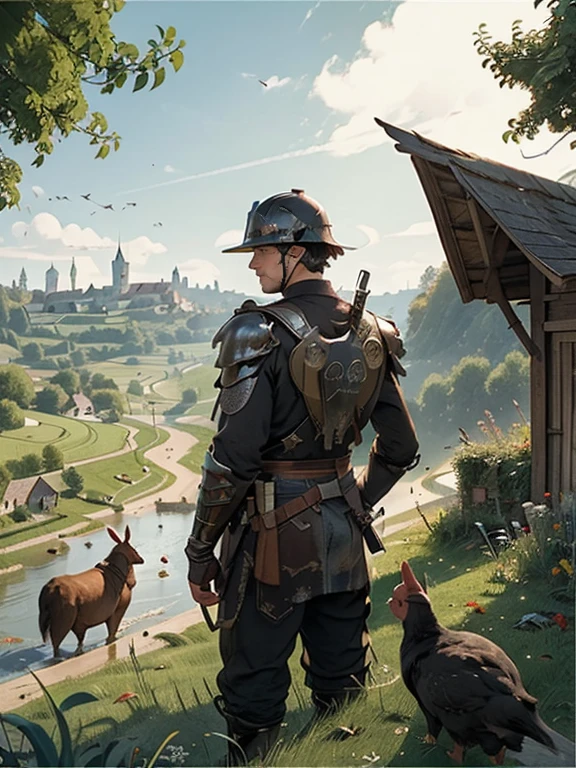  Cartoon style pictures ，(Europe)，（Shooting from above），man,midnight，Overall black tone，  Medieval metal armor， Medieval dilapidated countryside village，farmland，river，farm cattle，dog，chicken，duck，rabbit，torch，horse，farmer，companion，Soldier，laboeld，farming，(Visor Helmet，In the shadows，Faceless，健壮的man, strong, shabby),dynamic poses， ((Turn your back to the camera，look into the distance，not looking at camera)), 