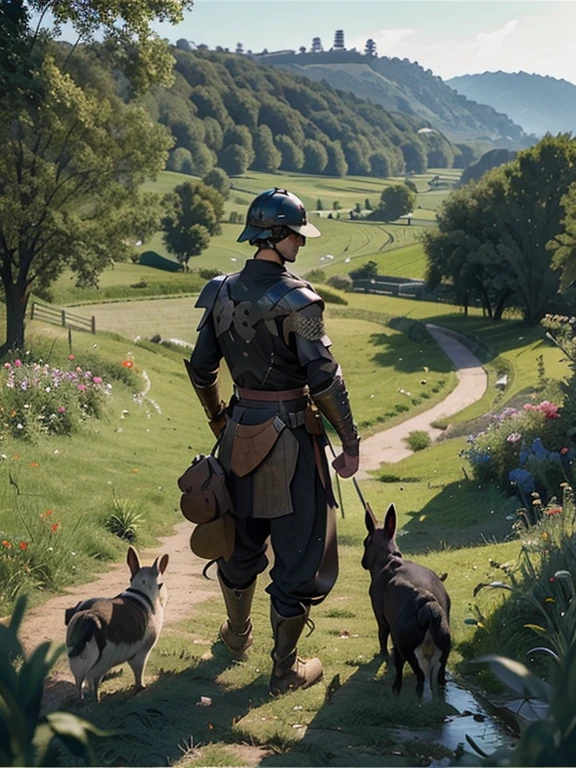  Cartoon style pictures ，(Europe)，（Shooting from above），man,midnight，Overall black tone，  Medieval metal armor， Medieval dilapidated countryside village，farmland，river，farm cattle，dog，chicken，duck，rabbit，torch，horse，farmer，companion，Soldier，laboeld，farming，(Visor Helmet，In the shadows，Faceless，健壮的man, strong, shabby),dynamic poses， ((Turn your back to the camera，look into the distance，not looking at camera)), 