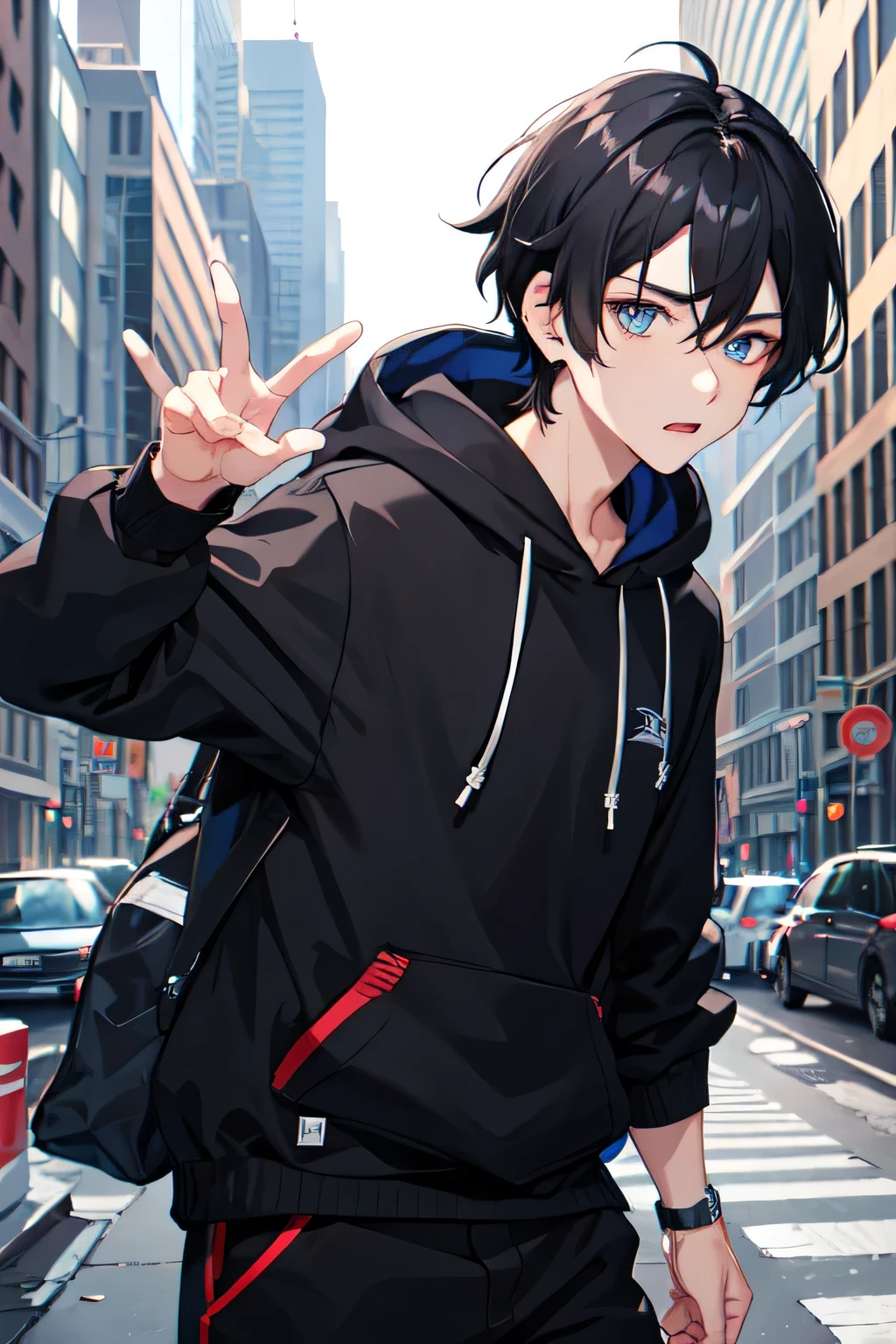 1boy,city,black Lakers hoodie,tied hair,black hair,blue eyes,using piercing