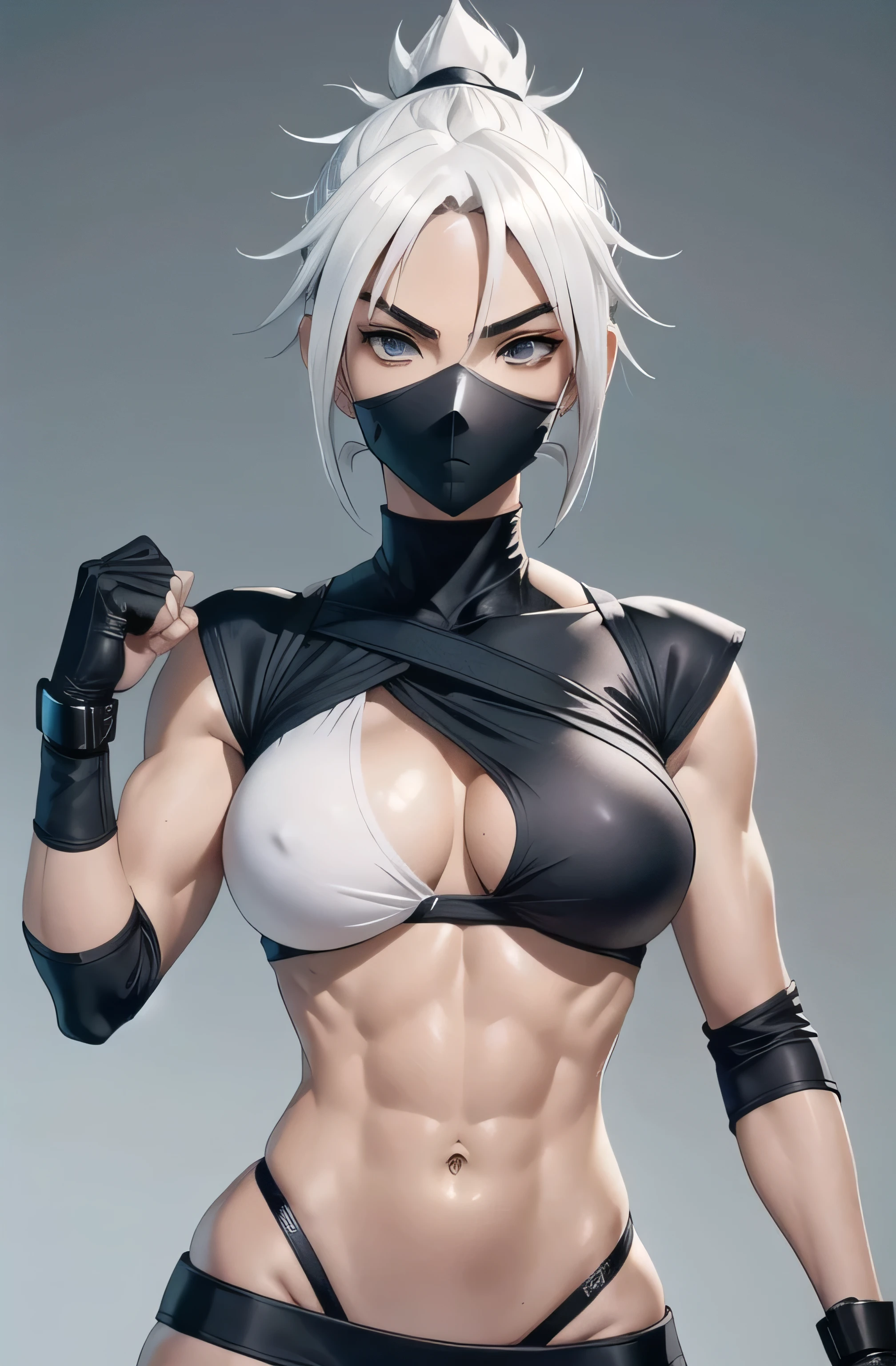 a ninja, cara bonita, serious face, cabelo branco, olhos vermelhos, corpo perfeito, corpo em forma, abdomen, seios grandes, muscular, kakashi feminino, cabelo branco, corpo sexy, sem roupa 