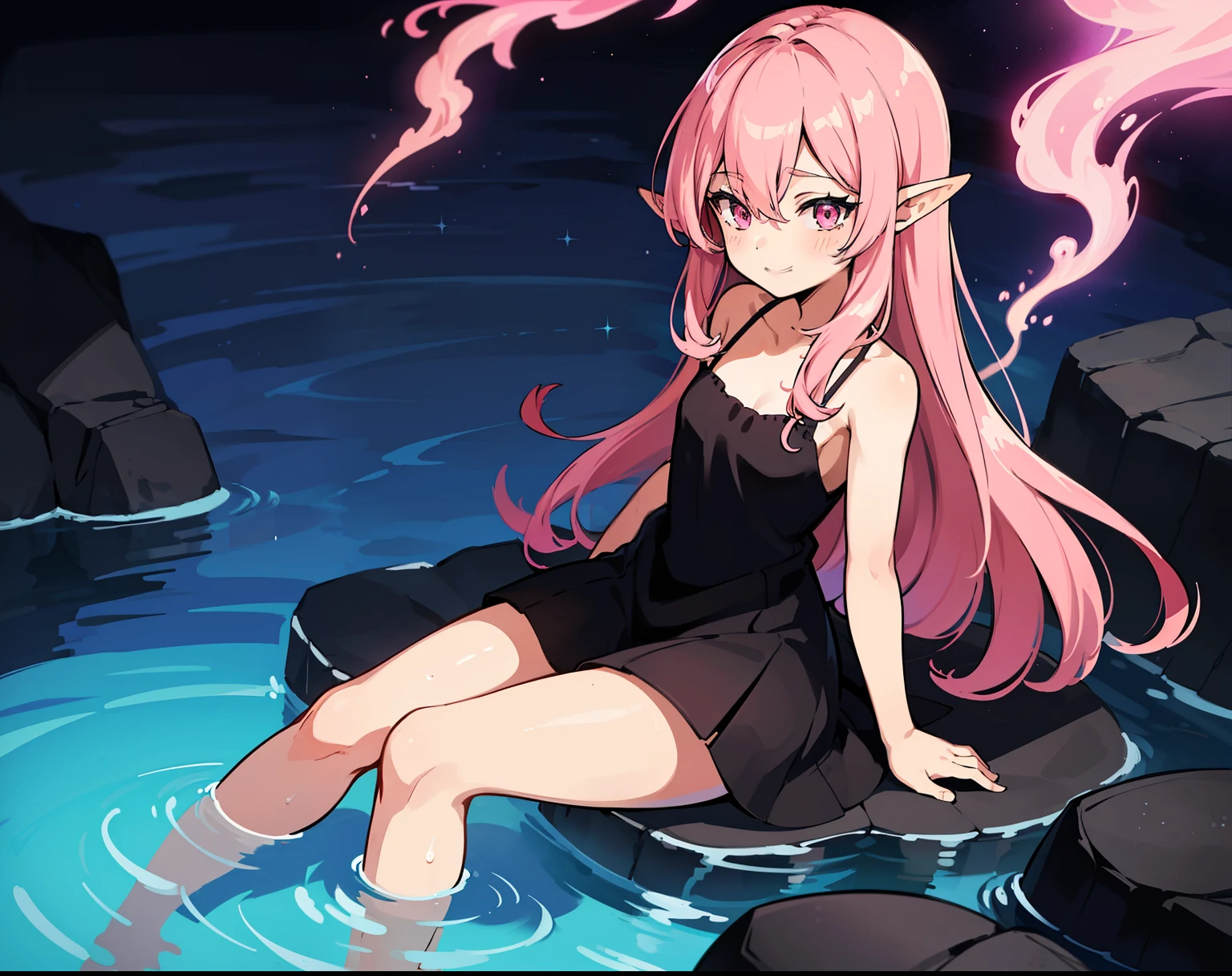 (high-quality, breathtaking),(expressive eyes, perfect face) anime girl with pink hair and black dress sitting on a rock, small pool of water around rocks, vibrant fan art, loish art style, her hair is made out of fire, loish, colorful and dark, inspired by INO, neon and dark, inspired by loish, speedpaint, glowing hair, pink eyes, long hair length, happy expression, nymph of passion, magic flowing hair, sparkles in the air, magic water, glowing water
