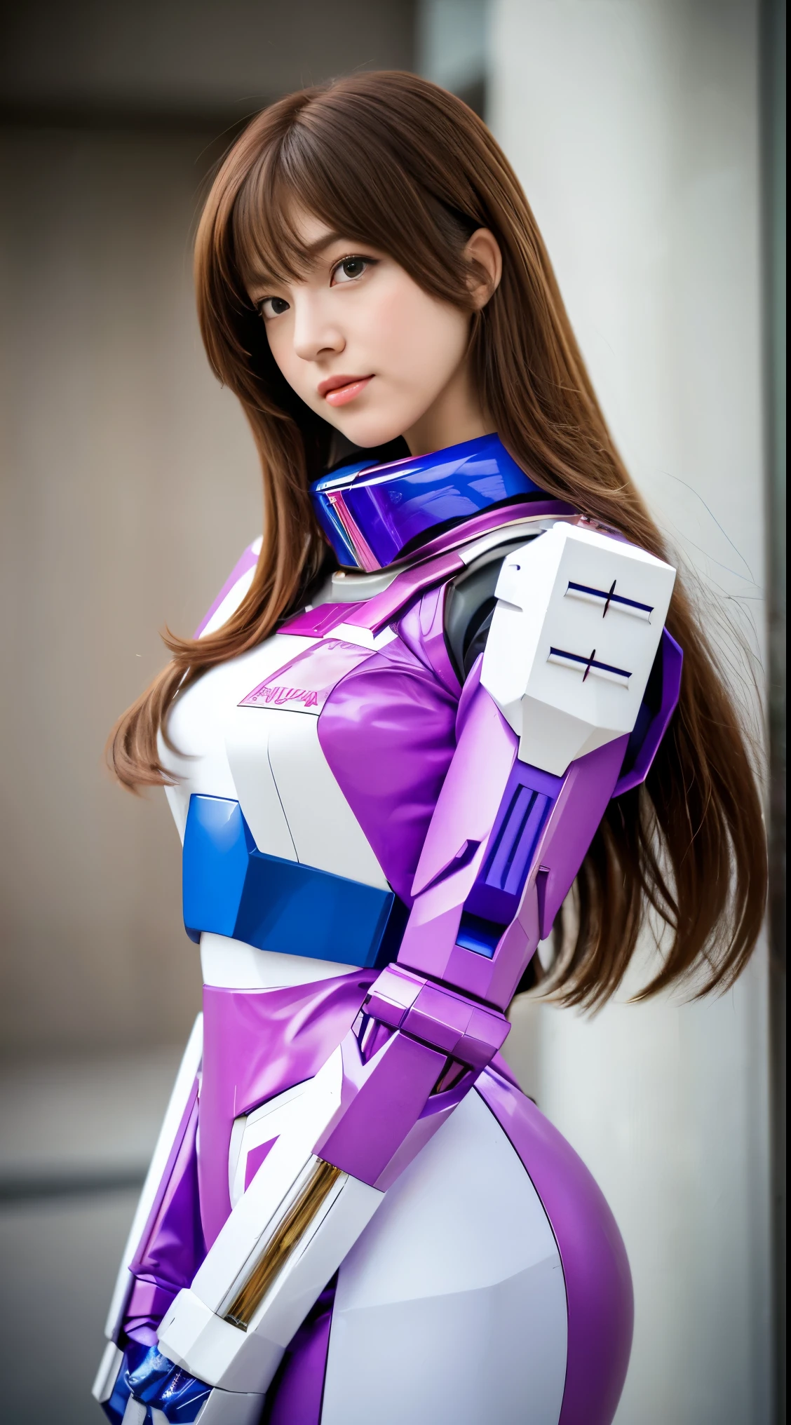 RAW, Masterpiece, Ultra Fine Photo,, Best Quality, Ultra High Resolution, Photorealistic, Sunlight, Full Body Portrait, Stunningly Beautiful,, Dynamic Poses, Delicate Face, Vibrant Eyes, (Side View) a close up of a woman in a pink and white gundam custume, dybamic pose, long brown very very long hair rapunzel, girl in mecha cyber armor, portrait armored astronaut girl, d. va from overwatch, female mecha, on a gundam, gundam head, chiho aoshima color scheme, mobile suit, streamlined purple armor, fully robotic!! girl, realistic cosplay, gundam armor (dynamic pose) (best cameraview), full body
