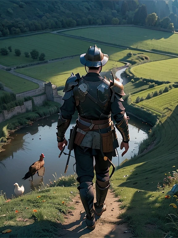 Cartoon style pictures ,(Europe),(Shooting from above),man,midnight,Overall black tone, 中世纪金属full body armor,full body armor, Medieval dilapidated countryside village,farmland,river,farm cattle,dog,chicken,duck,rabbit,torch,horse,farmer,companion,Soldier,laboeld,farming,(Visor Helmet,In the shadows,Faceless,健壮的man, strong, shabby),dynamic poses, ((Turn your back to the camera,look into the distance,not looking at camera)),