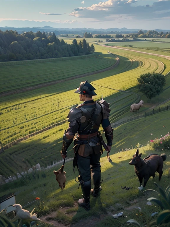 Cartoon style pictures ,(Europe),(Shooting from above),man,midnight,Overall black tone, 中世纪金属full body armor,full body armor, Medieval dilapidated countryside village,farmland,river,farm cattle,dog,chicken,duck,rabbit,torch,horse,farmer,companion,Soldier,laboeld,farming,(Visor Helmet,In the shadows,Faceless,健壮的man, strong, shabby),dynamic poses, ((Turn your back to the camera,look into the distance,not looking at camera)),