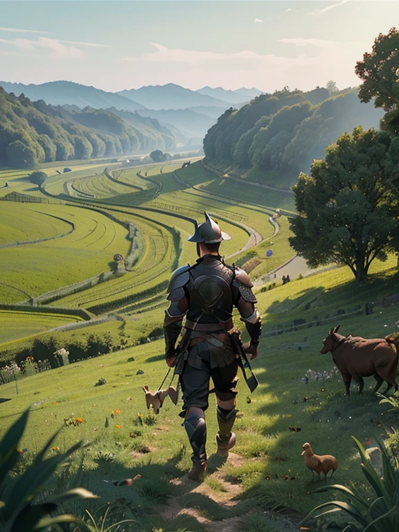 Cartoon style pictures ,(Europe),(Shooting from above),man,midnight,Overall black tone, 中世纪金属full body armor,full body armor, Medieval dilapidated countryside village,farmland,river,farm cattle,dog,chicken,duck,rabbit,torch,horse,farmer,companion,Soldier,laboeld,farming,(Visor Helmet,In the shadows,Faceless,健壮的man, strong, shabby),dynamic poses, ((Turn your back to the camera,look into the distance,not looking at camera)),