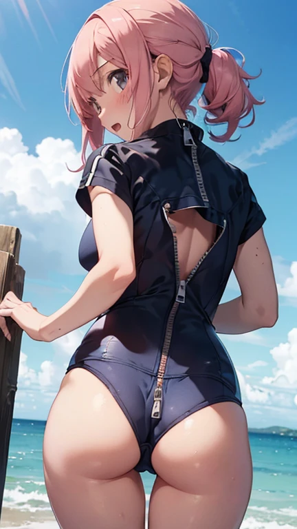 mastute piece,Best Quality,insanely detailed,8k cg,nsfw,
(shoot from behind:1.4),
(1girl:1.2),standing,looking back at viewer,(navy blue school swimsuit with straight zipper that from back through crotch to stomach:1.3),
BREAK,
blush,shy,pink hair,
break,
open mouth,
beach,