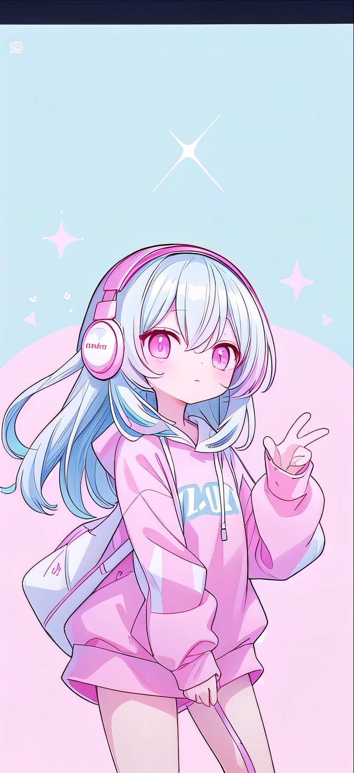 Long light blue hair,Pink and white sweatshirt,pink eyes,Blue headphones