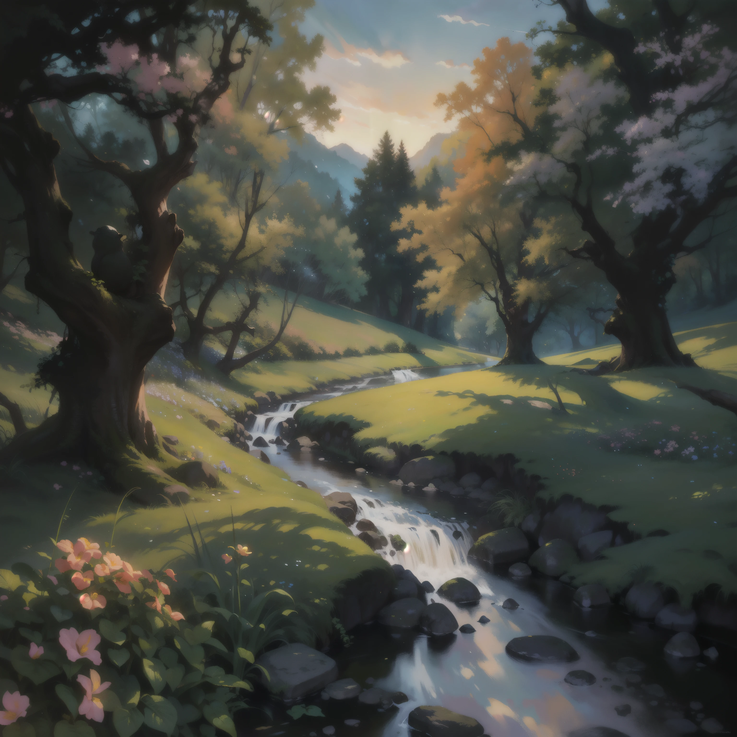 Painting of a stream running through a lush green forest，Flowers bloom, spring evening, hildebrandt, style of tim hildebrandt, happy scenery, Beautiful scenery, Beautiful lighting landscape, landscape artwork, Stream of love and happiness, virgil finlaytim hildebrandt, brilliant morning light, author：Marshall Arisman, landscape art detailed, Beautiful art ultra hd 4k