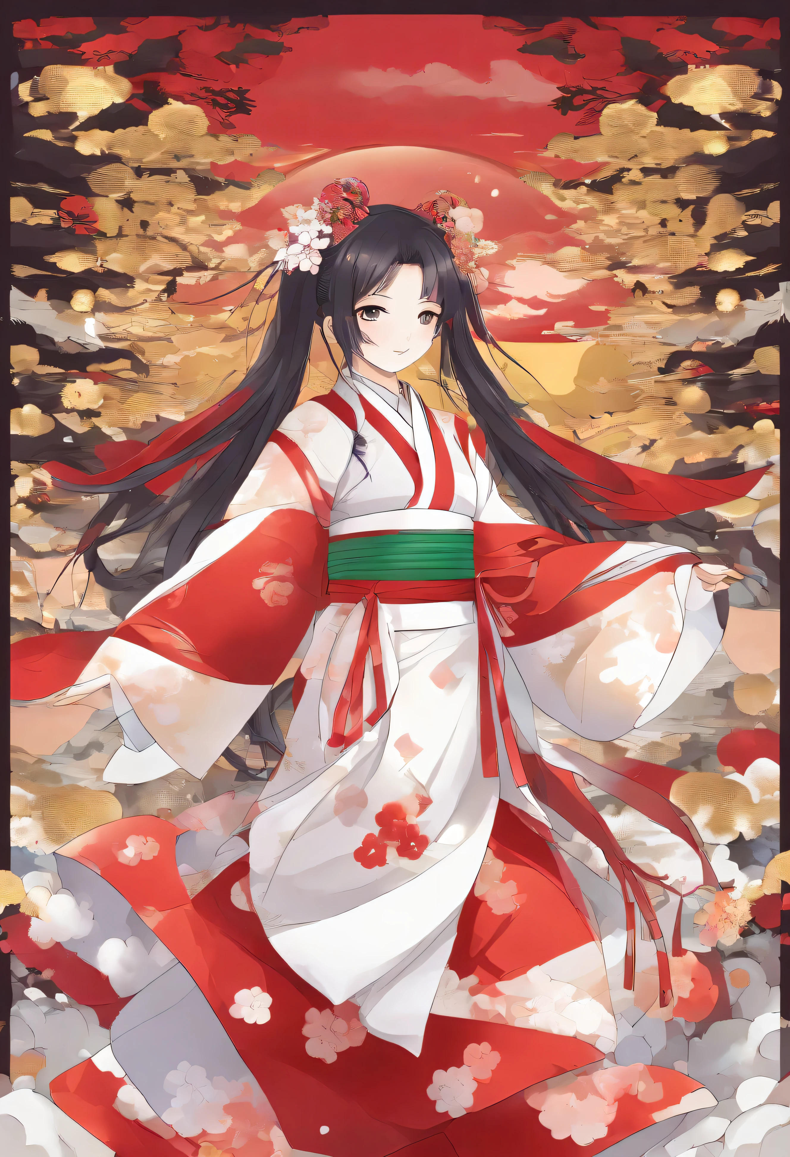 A woman dressed as a shrine maiden, around 25 years old.。 A bright smile with the corners of your mouth raised。 Her hair is black and reaches her waist.。 Halls with hands on hips々I am doing。 wearing a scarlet hakama。 That hakama looks like gold々There is a decoration。The background is full of light and golden clouds are waving.。