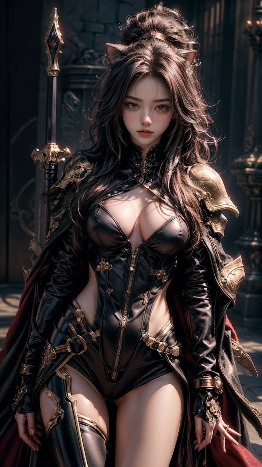 ((masterpiece, highest quality, Highest image quality, High resolution, photorealistic, Raw photo, 8K)), ((Extremely detailed CG unified 8k wallpaper)), (huge stunning goddess shot, very hot and sexy, jaw-dropping beauty, perfect proportions, beautiful body, slim body beauty:1.4), Inside the castle, Anthropomorphic black cat knight cartoon character, Cat Knight, she wears jet-black armor decorated with gold and a crimson cloak, Cat ears, cat tail, She holds up a saber, Stand with hand on hips and legs spread apart,