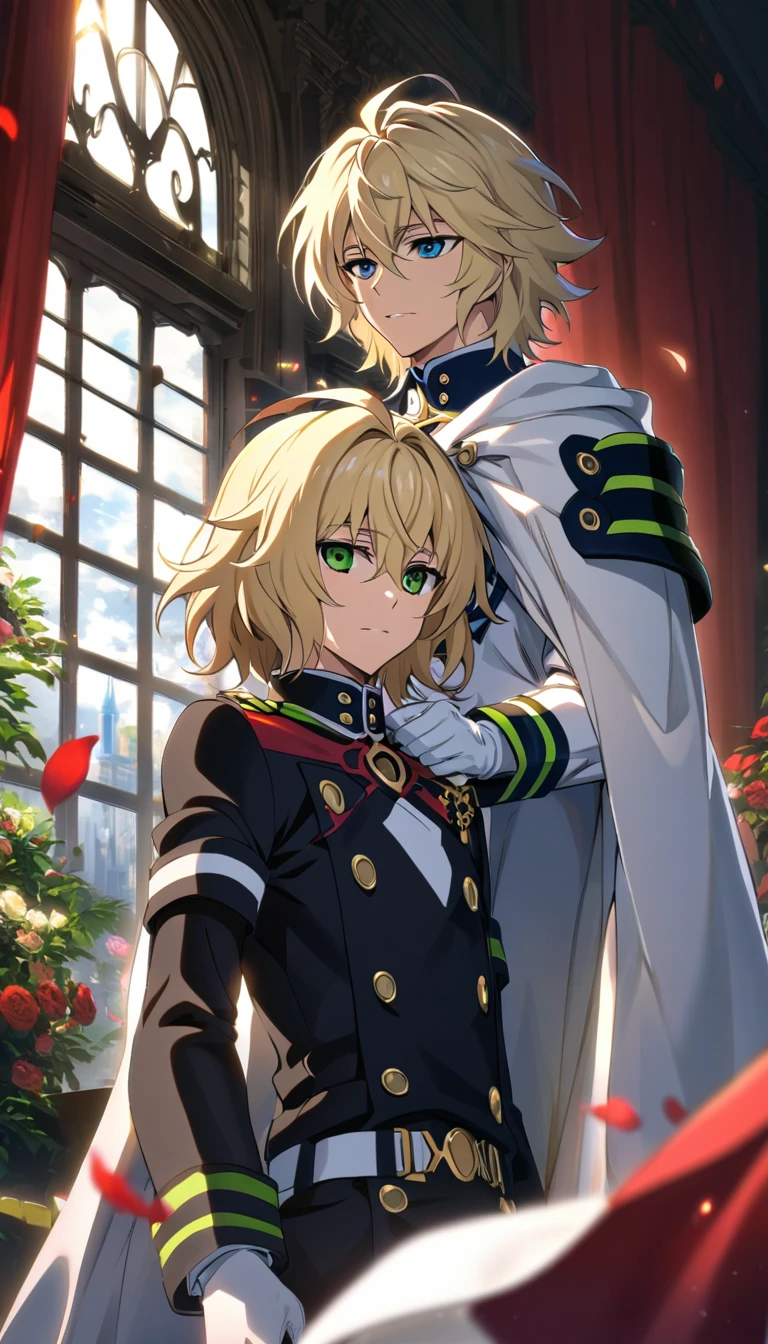 Ultra detailed, highres, absurdres, HDR, Yuu Hyakuya, black hair, green eyes, Mikaela Hyakuya, wavy blonde hair, blue eyes, white cape, white gloves, Owari No Seraph, handsome, 2 man together, gay couple, window, petals, red curtains,