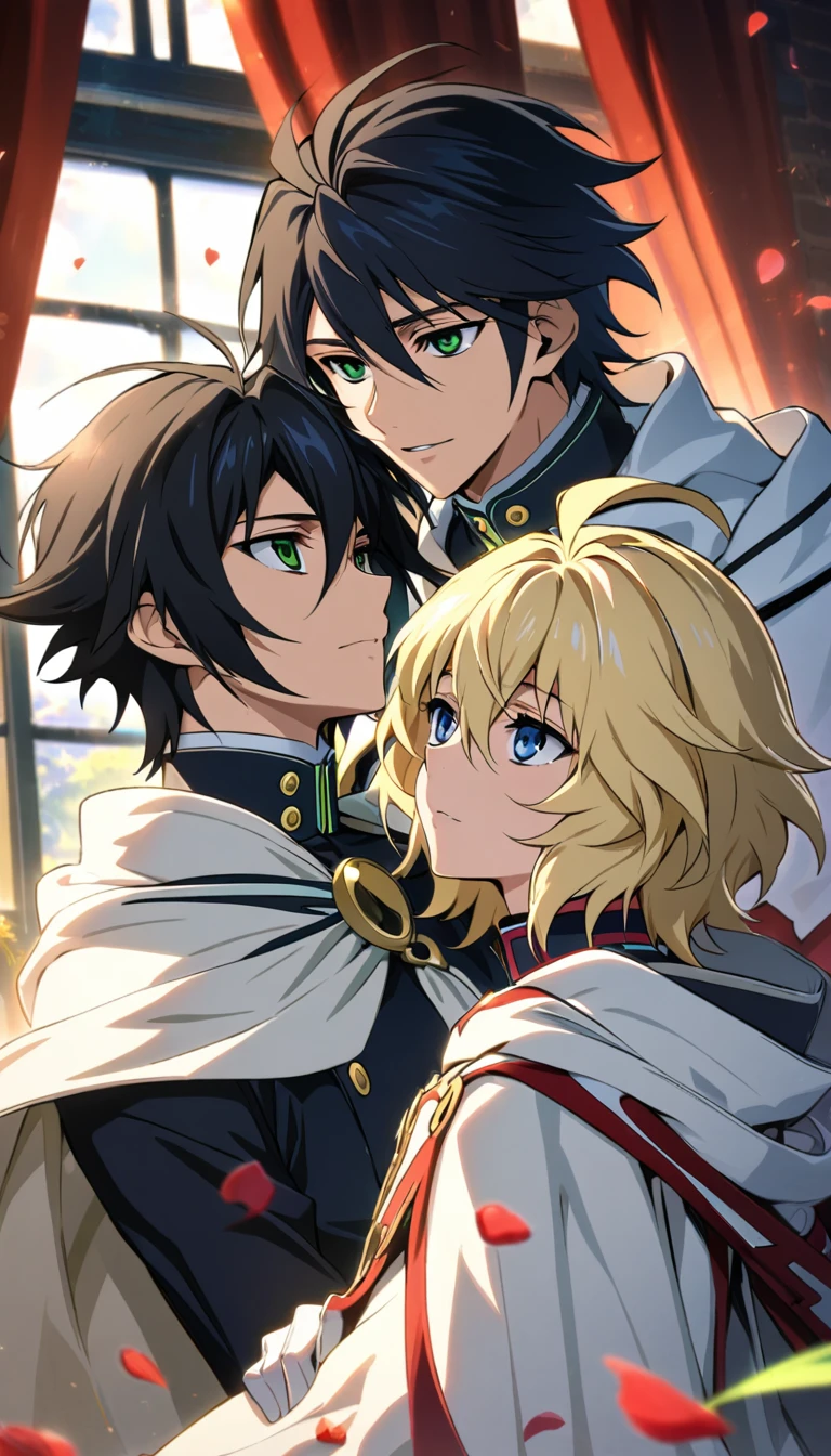 Ultra detailed, highres, absurdres, HDR, Yuu Hyakuya, black hair, green eyes, Mikaela Hyakuya, wavy blonde hair, blue eyes, white cape, white gloves, Owari No Seraph, handsome, 2 man together, gay couple, window, petals, red curtains,