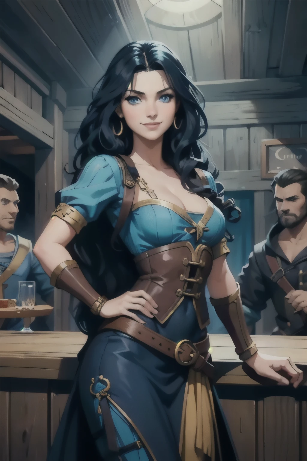 1 woman, pirate, in a tavern, stand up, happy, long wavy black hair, lips are soft or colored, curly hair, arms crossed, smile facial expression, bright blue eyes, perfect eyes, (atmosphere), coherent, continuity, epic, sharp lines, (brushed colors)