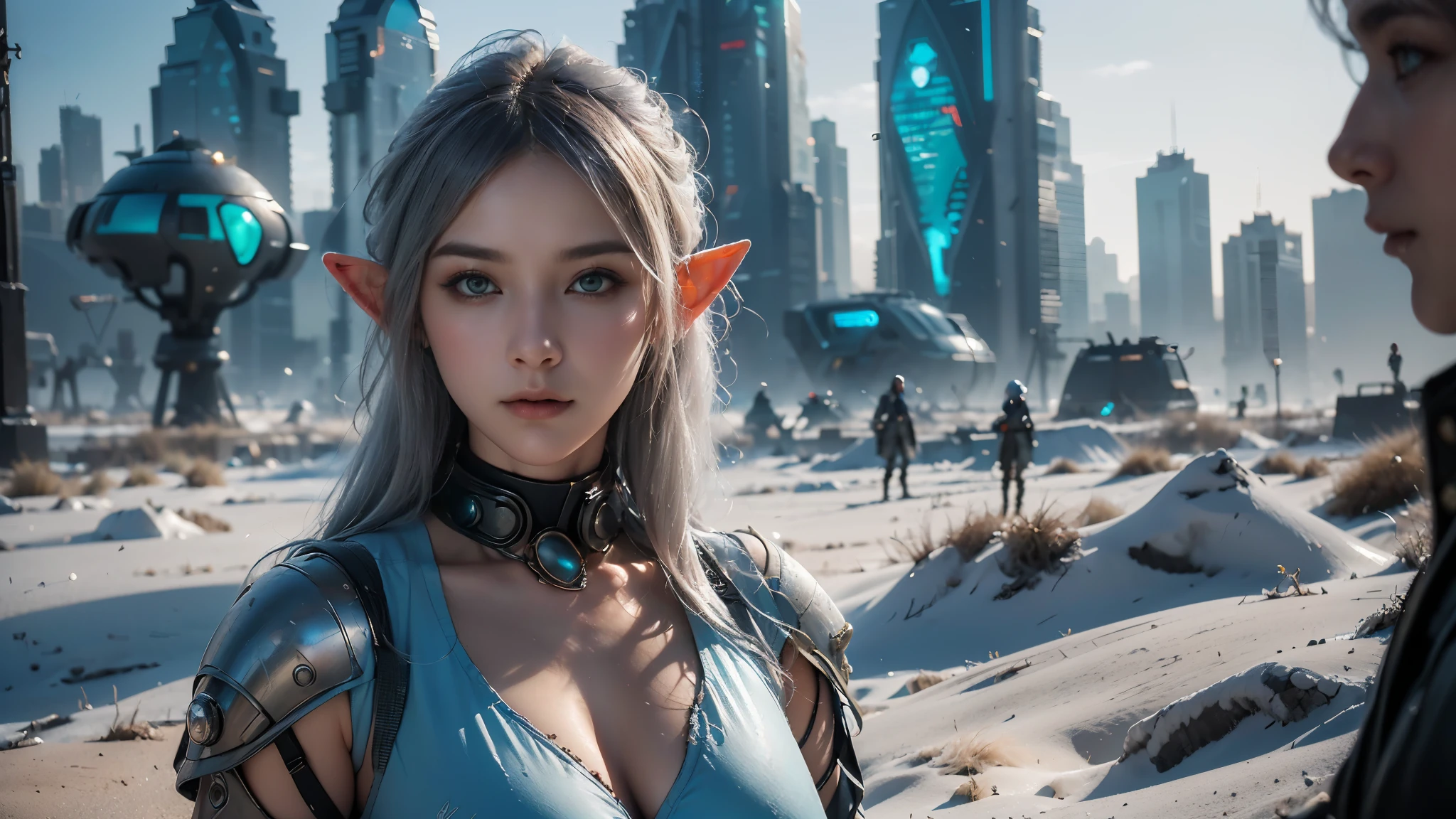 masterpiece,best quality,high resolution,8k,(portrait photo:1.5),(R Original Photo),real picture,digital photography,(Combination of cyberpunk and fantasy style),(female soldier),20 year old female elf,Random hairstyle,white hair，purple eyes，through bangs,(red eye breasts, Accessories,Keep your mouth shut,Elegant and charming,Serious and arrogant,Calm and handsome,(Cyberpunk combined with fantasy style clothing,hollow-carved design,joint armor,photo poses,Realistic style,oc render reflection texture，sentry，futuristic city，Medium distance photography，dusk，Dust，Volumetric light，Sand