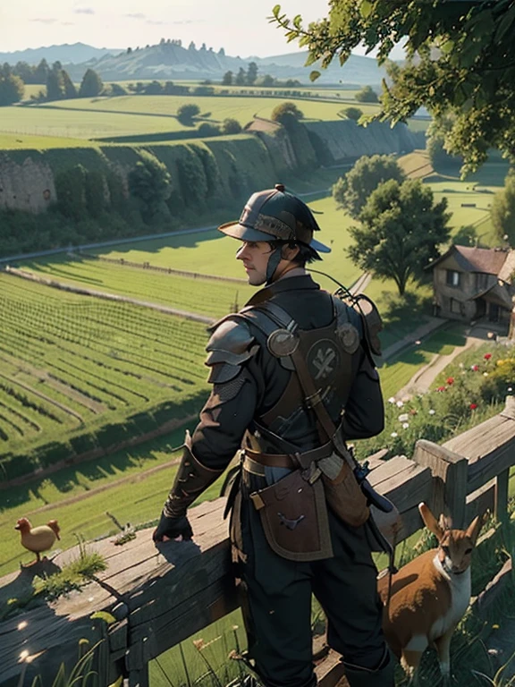 Cartoon style pictures ，(Europe)，（Shooting from above），man,midnight，Overall black tone，  Medieval metal armor， Medieval dilapidated countryside village，farmland，river，farm cattle，dog，chicken，duck，rabbit，torch，horse，farmer，companion，Soldier，laboeld，farming，(Visor Helmet，In the shadows，Faceless，健壮的man, strong, shabby),dynamic poses， ((Turn your back to the camera，look into the distance，not looking at camera)), 