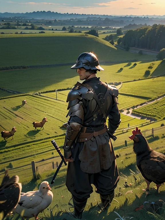 Cartoon style pictures ,(Europe),(Shooting from above),man,midnight,Overall black tone, Medieval metal armor, Medieval dilapidated countryside village,farmland,river,farm cattle,dog,chicken,duck,rabbit,torch,horse,farmer,companion,Soldier,laboeld,farming,(Visor Helmet,In the shadows,Faceless,健壮的man, strong, shabby),dynamic poses, ((Turn your back to the camera,look into the distance,not looking at camera)),