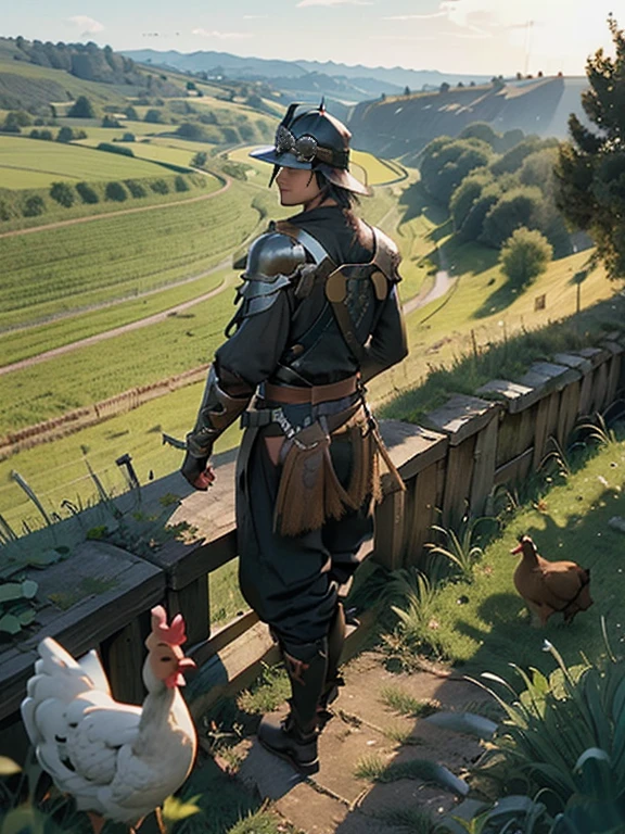 Cartoon style pictures ,(Europe),(Shooting from above),man,midnight,Overall black tone, Medieval metal armor, Medieval dilapidated countryside village,farmland,river,farm cattle,dog,chicken,duck,rabbit,torch,horse,farmer,companion,Soldier,laboeld,farming,(Visor Helmet,In the shadows,Faceless,健壮的man, strong, shabby),dynamic poses, ((Turn your back to the camera,look into the distance,not looking at camera)),