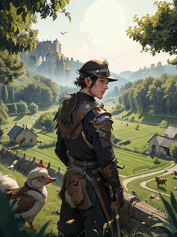 Cartoon style pictures ,(Europe),(Shooting from above),man,midnight,Overall black tone, Medieval metal armor, Medieval dilapidated countryside village,farmland,river,farm cattle,dog,chicken,duck,rabbit,torch,horse,farmer,companion,Soldier,laboeld,farming,(Visor Helmet,In the shadows,Faceless,健壮的man, strong, shabby),dynamic poses, ((Turn your back to the camera,look into the distance,not looking at camera)),