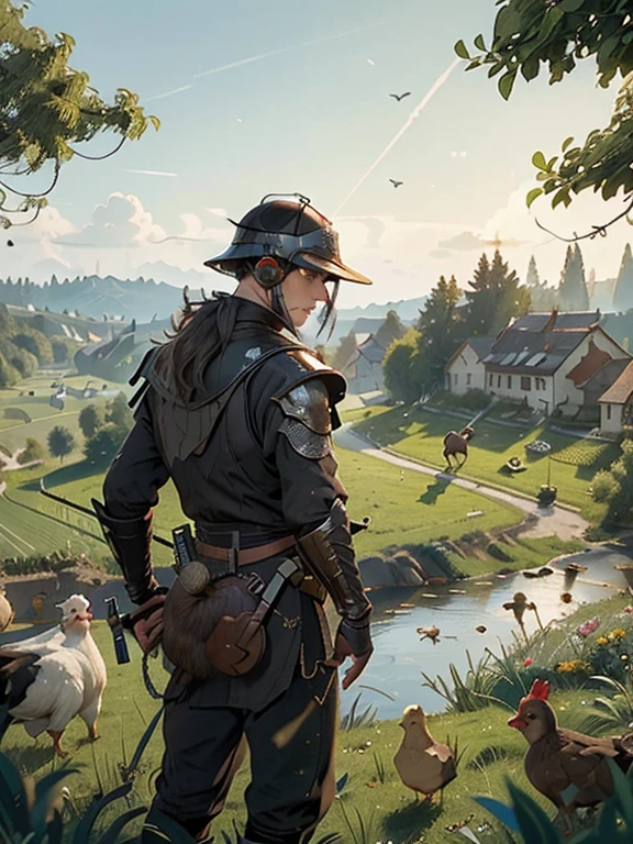 Cartoon style pictures ,(Europe),(Shooting from above),man,midnight,Overall black tone, Medieval metal armor, Medieval dilapidated countryside village,farmland,river,farm cattle,dog,chicken,duck,rabbit,torch,horse,farmer,companion,Soldier,laboeld,farming,(Visor Helmet,In the shadows,Faceless,健壮的man, strong, shabby),dynamic poses, ((Turn your back to the camera,look into the distance,not looking at camera)),