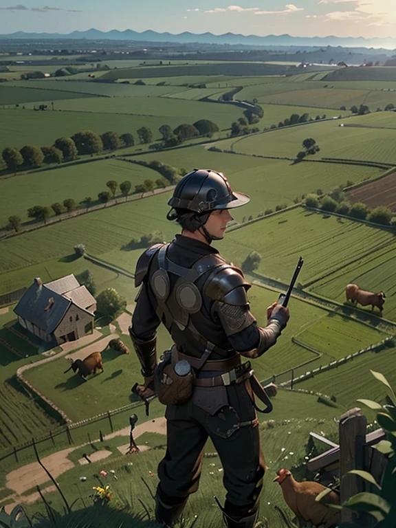  Cartoon style pictures ，(Europe)，（Shooting from above），man,midnight，Overall black tone，  Medieval metal armor， Medieval dilapidated countryside village，farmland，river，farm cattle，dog，chicken，duck，rabbit，torch，horse，farmer，companion，Soldier，laboeld，farming，(Visor Helmet，In the shadows，Faceless，健壮的man, strong, shabby),dynamic poses， ((Turn your back to the camera，look into the distance，not looking at camera)), 