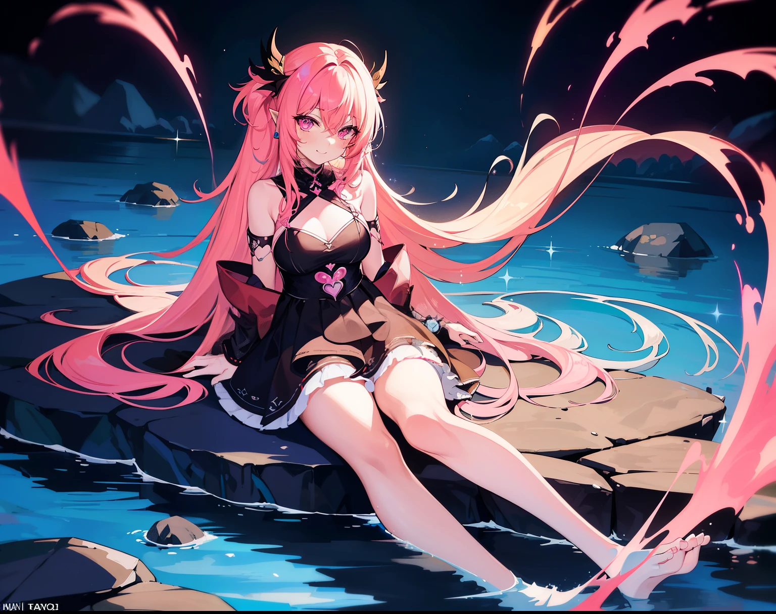 (high-quality, breathtaking),(expressive eyes, perfect face) anime girl with pink hair and black dress sitting on a rock, small pool of water around rocks, vibrant fan art, loish art style, her hair is made out of fire, loish, colorful and dark, inspired by INO, neon and dark, inspired by loish, glowing hair, pink eyes, long hair length, happy expression, nymph of passion, magic flowing hair, sparkles in the air, magic water, glowing water
