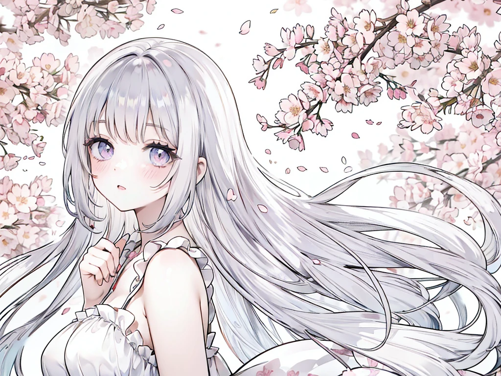 (anime line art, cherry blossoms, girl, detailed eyes and lips, flowing hair, vibrant colors, soft lighting, peaceful mood)