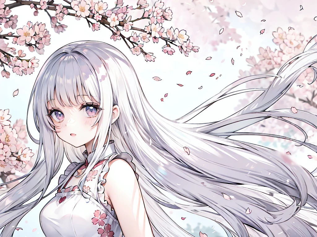 (anime line art, cherry blossoms, girl, detailed eyes and lips, flowing hair, vibrant colors, soft lighting, peaceful mood)