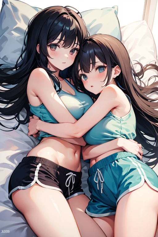 Two girls lie next to each other, embracing and kissing, dolphin shorts,