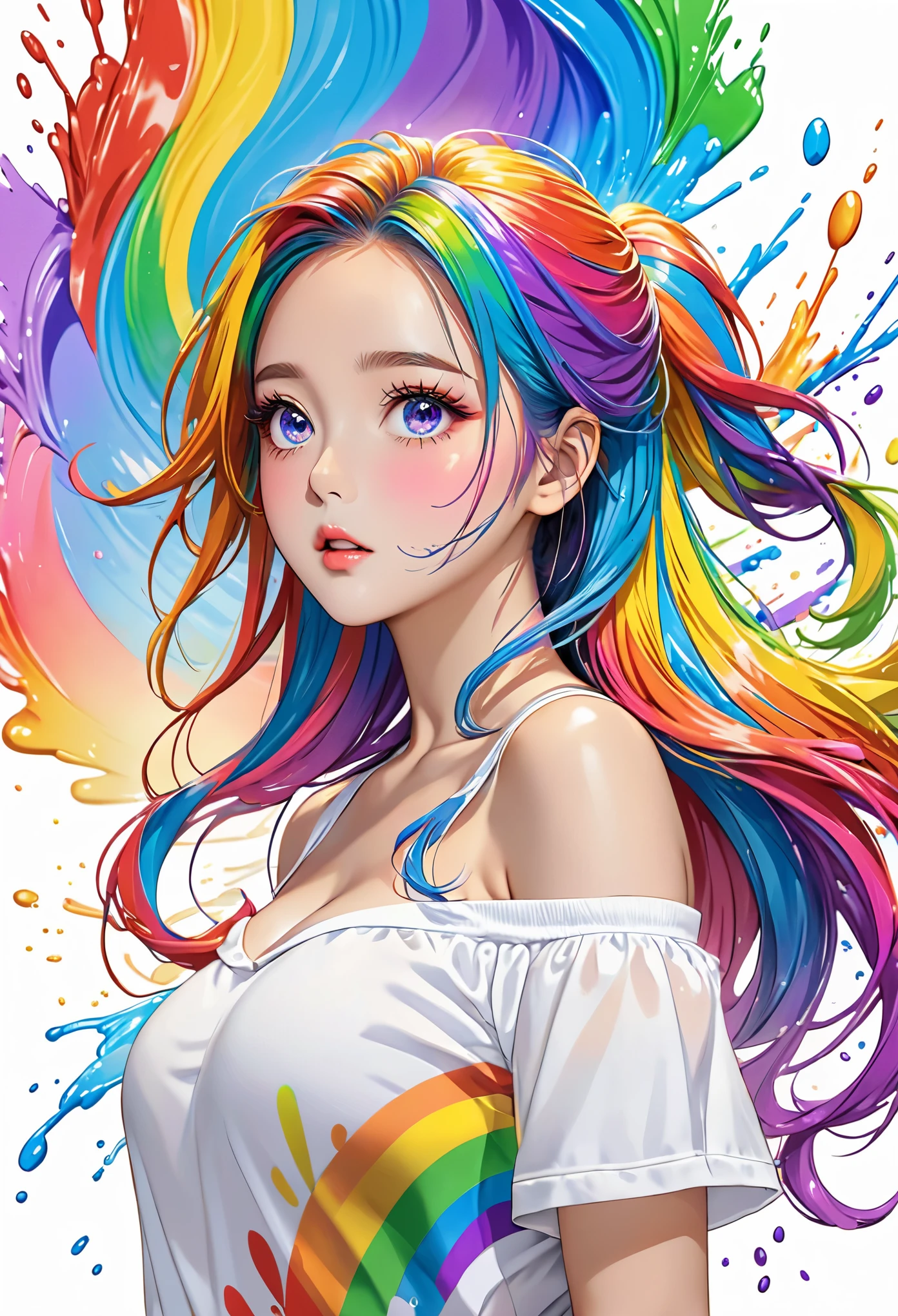 (Pink fashion T-shirt:1.9),(colorful hair: 1.8), (All colors of the rainbow: 1.8),(((((vertical drawing:1.6))), (drawing:1.6),front, comics, illustrations, drawings, big eyes, crystal clear eyes,( Rainbow gradient high ponytail:1.7), Exquisite makeup, Keep your mouth shut,(Little fresh: 1.5),(Wipe Chest: 1.6) ,long eyelashes, White off-shoulder T-shirt, white shoulder shirt,looking at the audience, 水汪汪的big eyes, (rainbow colored hair:1.6), 颜色飞splash, (alone:1.8), 颜色飞splash, color explosion, thick draw style, messy lines, ((shining)),(rich and colorful), (rich and colorful), (rich and colorful), rich and colorful, Thick draw Style, (splash) (Color splash), Vertical drawing, Upper body, draw splash, acrylic paint, slope, draw, Highest image quality, best quality, masterpiece, alone, depth of field, Face draw, rich and colorful clothes, (elegant: 1.2), Gorgeous,long hair, Wind, (elegant: 1.3), (petal: 1.4),(((masterpiece))),(((best quality))),((Super detailed)),(illustration),(Dynamic angle),((floating)),(draw),((disheveled hair)),(alone),(1 girl) , (((rich and colorful eyes))),(((rich and colorful background))),(((White background))),(((surrounded by rich and colorful splashes))),