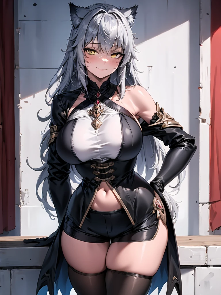 Full body portrait, single woman, especially detailed face, masterpiece, 4k, wallpaper, highlydetailed face, ultra-detailed face, voluptuous, big breasts, curvy, long hair, gray-silver hair, a young wolf woman, wolf ears, wolf tail, wolf-like irises, beautiful, enchanting, bright yellow eyes, detailed eyes, ultra-detailed eyes, accurate eyes, detailed irises, correct body proportions, elegant, small vertical scar under right eye, small rosy lips, big breasts, slender elegant arms, pretty hands, detailed hands, charming, slight blush, smug smile, black stylish shorts and top outfit, detached sleeves, light black armor, armored bike shorts, black armored coat, black metal armor, bare off shoulders, toned abs, exposed belly, standing pose, hands on hips pose, black thighhigh on the left leg, sole girl