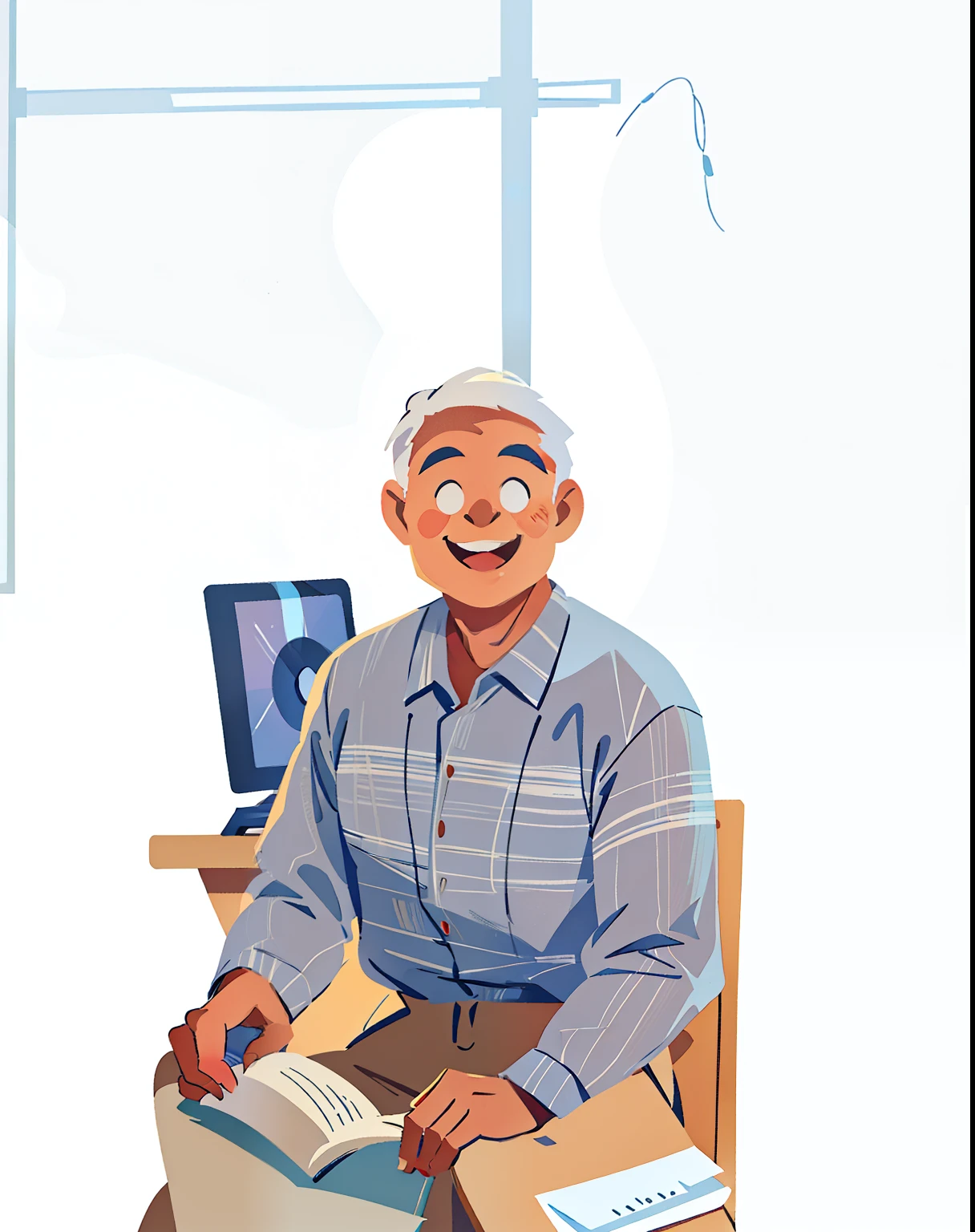 smiling man sitting in chair in office with computer monitor, he is about 7 0 years old, he is about 60 years old, he is about 6 0 years old, a photo of a man, the look of an elderly person, asian man, smiling man, he is about 8 0 years old, 5 0 years old man