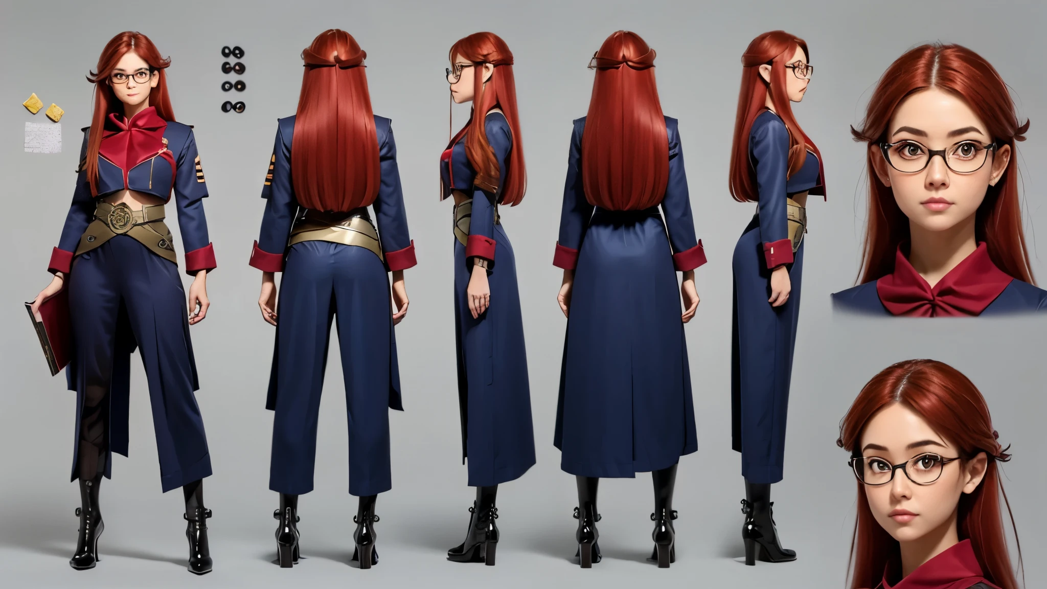 (Masterpiece, best quality), detailed, (1girl), ((character concept art)), ((character design sheet, same character, front, side, back)), many items, (sci-fi spaceship siencist uniform, space traveler, military cloth, many parts), (Green skin tone color:1.5) , (detailed red eyes, (reading glasses)), detailed face, different expressions, (athletic:1.3), red hair, detailed long hair, formal style haircut, full of details.