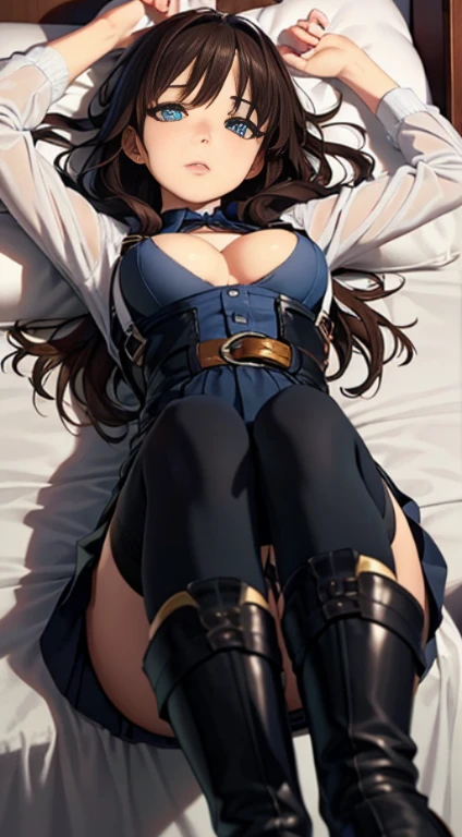 (Make the subject look three-dimensional with the contrast of light and shadow),Cute and beautiful 22yo girl,(masterpiece:1.2), best quality, high resolution, unity 8k wallpaper, (illustration:0.8), (beautiful detailed eyes:1.6), extremely detailed face, perfect lighting, extremely detailed CG, (perfect hands, perfect ),Brown hair,watching at viewers,black suspenders,(Bulging ,:1.1),Black ,garters,Gaze,Small face,bangss,holster,Belt Armament,Beautuful Women　srestrained,hands up,Lying in bed,Leg holster ,lying on the bed,Gaze,black boots, shot