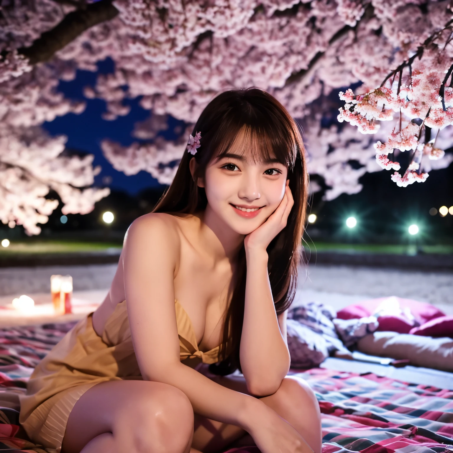Cute face like an 18-year-old idol　smile gently　Shirtless figure　full body figure　Slightly larger bust　dark lighting　night park　Cherry blossom viewing under the illuminated cherry blossoms at night　sitting on a picnic sheet　Raw photo　genuine