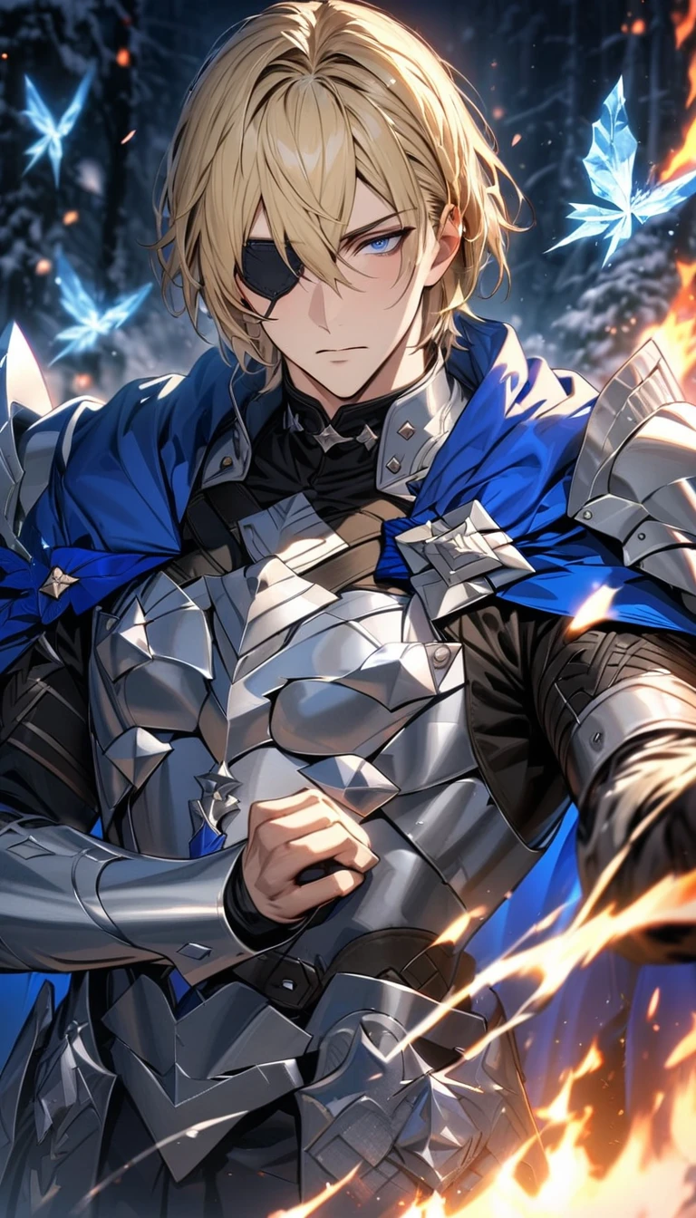 absurdres, highres, ultra detailed, HDR), masterpiece, Dimitri, blond hair, hair between the eyes, expressive blue eyes, black eye patch, 1man, extremely handsome, fire emblem three houses, winter, ice butterflies, ice flowers, blue cape, silver armor