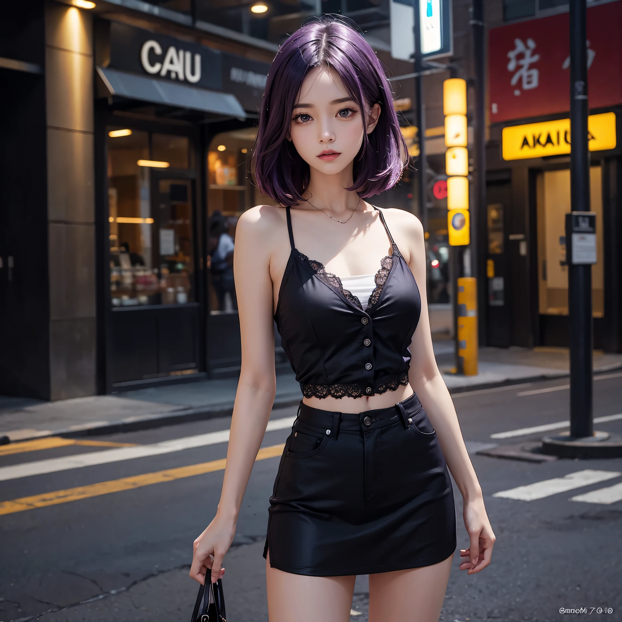 purple hair:1.4, Canon, UHD, masterpiece, anatomically correct, textured skin, super detail, high details, high quality, 16k, 8k, 1 Woman, Solo Shot, Sexy, medium hair, shiny hair, Camisole, cardigan, skort, midnight, Cowboy Shot, Standing, Street, Rim light, Close up,