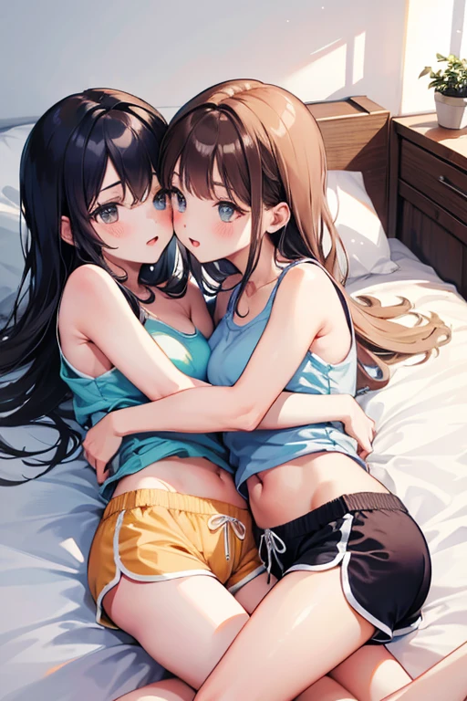 Two girls kissing and cuddling on a bed, dolphin shorts,

