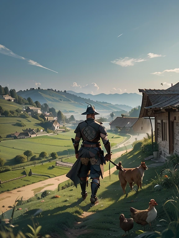 Cartoon style pictures ,(Europe),(Shooting from above),man,midnight,Overall black tone, 中世纪金属full body armor,full body armor, Medieval dilapidated countryside village,farmland,river,farm cattle,dog,chicken,duck,rabbit,torch,horse,farmer,partner,companion,Soldier,laboeld,farming,(Visor Helmet,In the shadows,Faceless,健壮的man, strong, shabby),dynamic poses, ((Turn your back to the camera,look into the distance,not looking at camera)),
