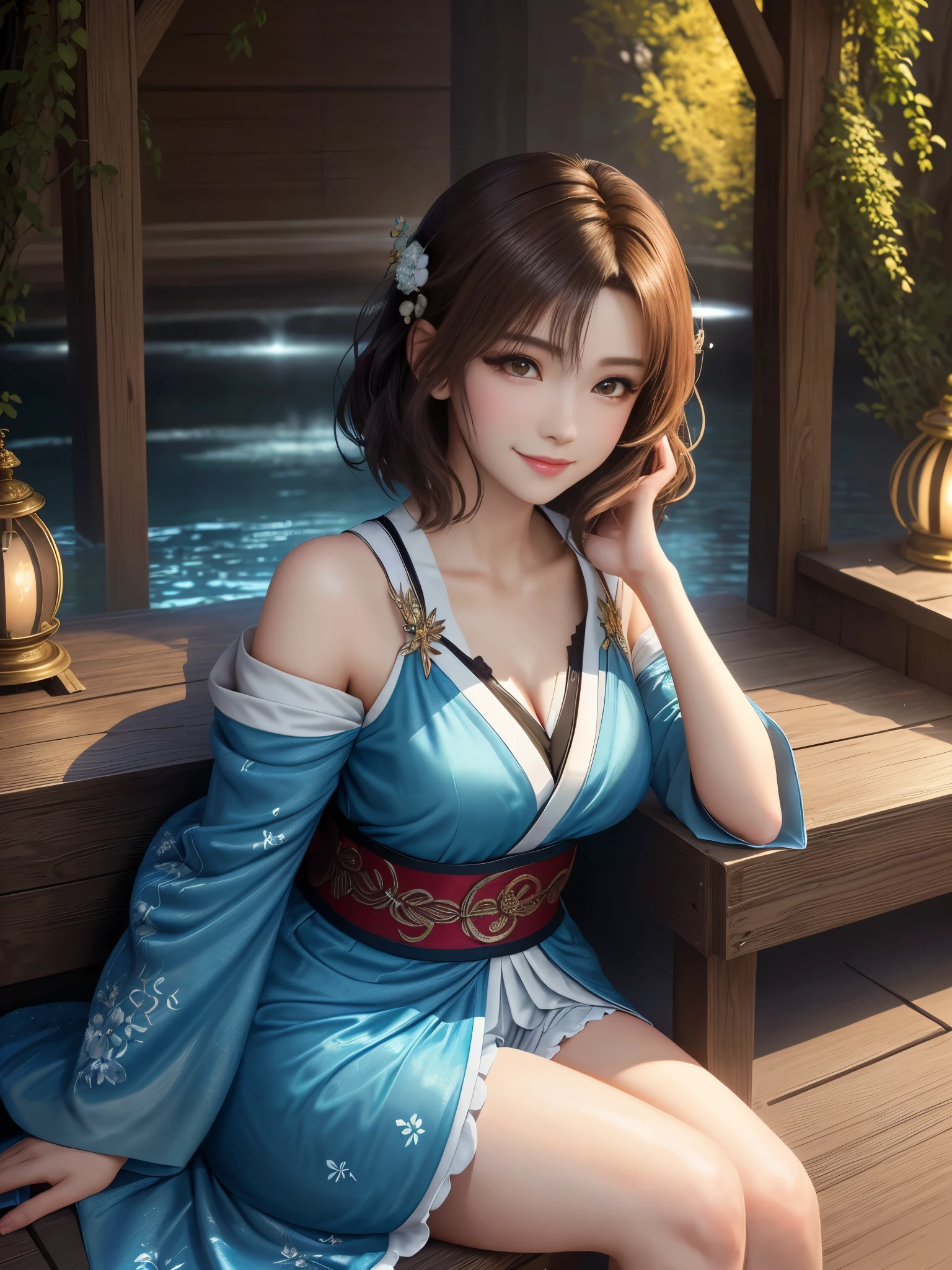masterpiece , best quality,smile,smile,small face,shoulder exposure,golden kimono,A little cleavage exposure,double eyes,Beauty,beautiful woman,beautiful girl,Stand firmly on both feet,charm,adult,lure,Big eyes,light brown hair,Mysterious世界,god of water殿,in the forest,god of water,Mythical God,水色のMysterious雰囲気,Water sources surround the area,水色のMysterious背景,beautifully curled hair,slender body shape,brown eyes,Contrast faithfully reproduced,short hair,Beautiful short hair,Berry Short,short cut hair,just one person,precision quality,A faithful reproduction of the human eye,水色のMysterious雰囲気,水色のMysterious背景,beautiful details, colorful, delicate details, delicate lips, intricate details, genuine, ultrargenuineista, Mature, bright eyes, raposa de Beautiful digital art,shrine maiden,exquisite digital illustration, mizutsune,pixiv in digital art, shining light, high contrast, Mysterious,Take center,view audience