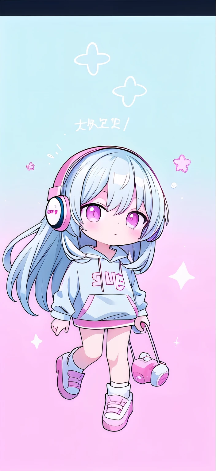 Long light blue hair,Pink and white sweatshirt,pink eyes,Blue headphones