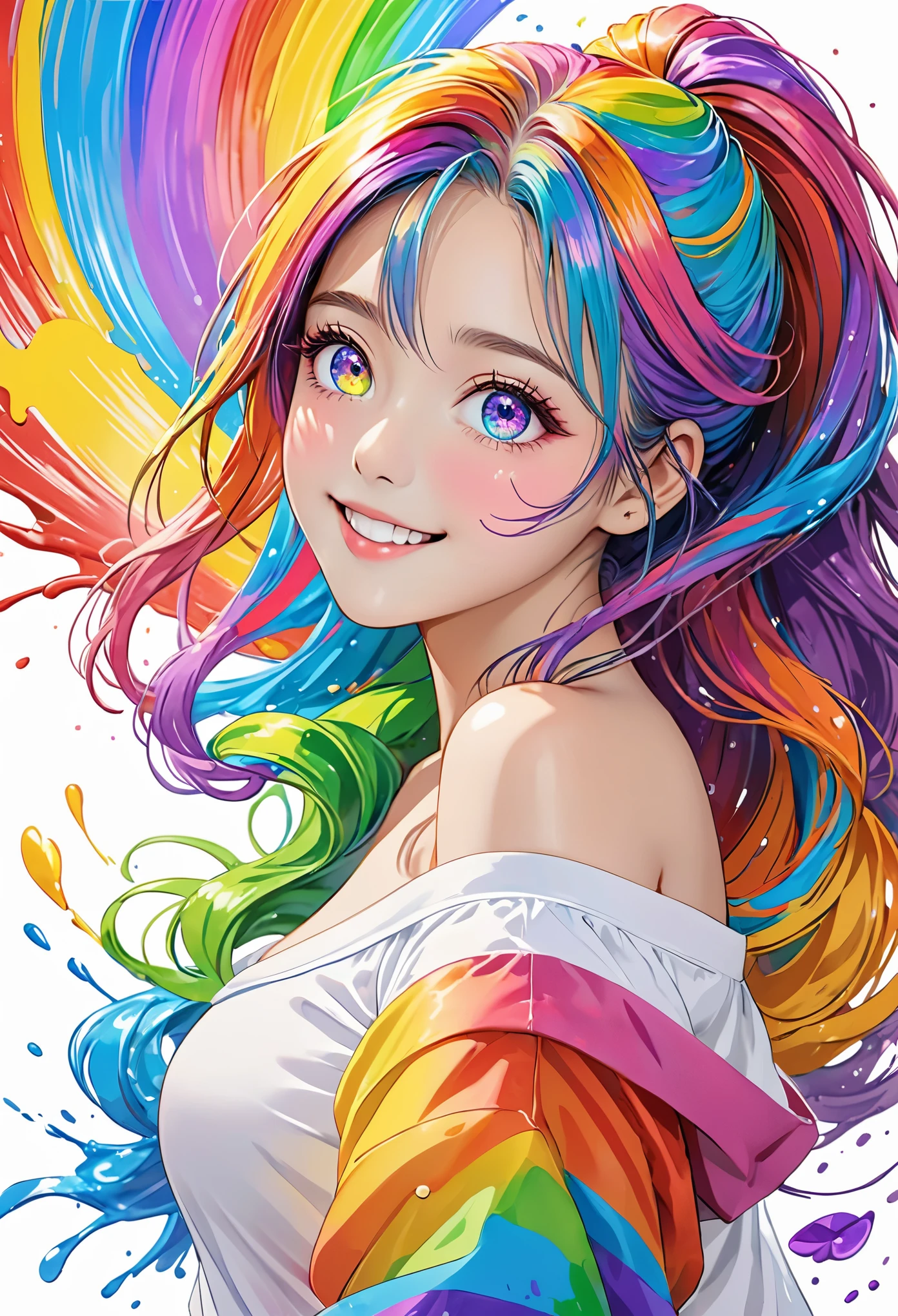 (Pink fashion T-shirt:1.9),(colorful hair: 1.8), (All colors of the rainbow: 1.8),(((((vertical drawing:1.6))), (drawing:1.6),front, comics, illustrations, drawings, big eyes, crystal clear eyes,( Rainbow gradient high ponytail:1.7), Exquisite makeup, Keep your mouth shut,(Little fresh: 1.5),(Wipe Chest: 1.6) ,long eyelashes, White off-shoulder T-shirt, white shoulder shirt,looking at the audience, happy smile,水汪汪的big eyes, (rainbow colored hair:1.6), 颜色飞splash, (alone:1.8), 颜色飞splash, color explosion, thick draw style, messy lines, ((shining)),(rich and colorful), (rich and colorful), (rich and colorful), rich and colorful, Thick draw Style, (splash) (Color splash), Vertical drawing, Upper body, draw splash, acrylic paint, slope, draw, Highest image quality, best quality, masterpiece, alone, depth of field, Face draw, rich and colorful clothes, (elegant: 1.2), Gorgeous,long hair, Wind, (elegant: 1.3), (petal: 1.4),(((masterpiece))),(((best quality))),((Super detailed)),(illustration),(Dynamic angle),((floating)),(draw),((disheveled hair)),(alone),(1 girl) , (((rich and colorful eyes))),(((rich and colorful background))),(((White background))),(((surrounded by rich and colorful splashes))),