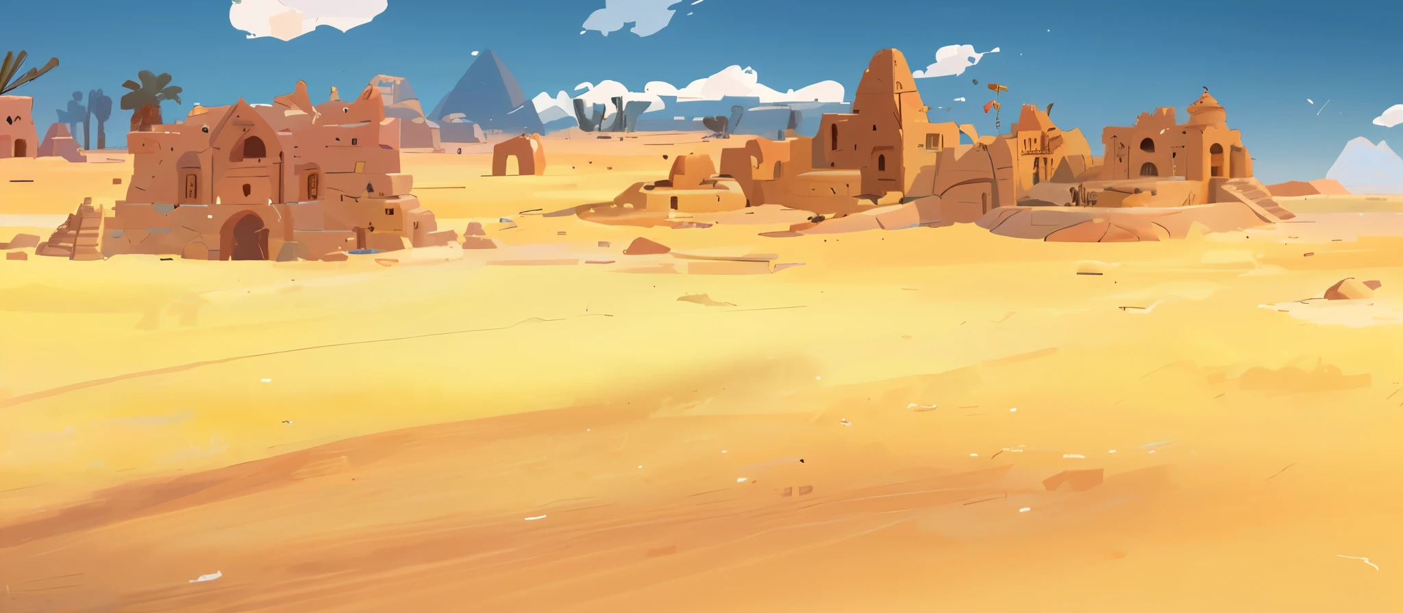 There are desert scene Egyptian architectural ruins, background art, Painted into game concept art, Stylized concept art, Background art, Desert Environment, Architectural Heritage Background, Digital Painting concept art, concept art, Sand and Desert Environment, concept art Style, Architectural Heritage, 2d concept art, Desert Wasteland, Environment, Landscape game concept art