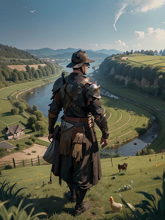 Cartoon style pictures ,(Europe),(Shooting from above),man,midnight,Overall black tone, 中世纪金属full body armor,full body armor, Medieval dilapidated countryside village,farmland,river,farm cattle,dog,chicken,duck,rabbit,torch,horse,farmer,companion,Soldier,laboeld,farming,(Visor Helmet,In the shadows,Faceless,健壮的man, strong, shabby),dynamic poses, ((Turn your back to the camera,look into the distance,not looking at camera)),