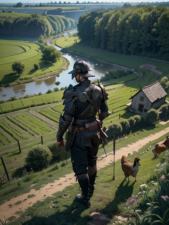 Cartoon style pictures ,(Europe),(Shooting from above),man,midnight,Overall black tone, 中世纪金属full body armor,full body armor, Medieval dilapidated countryside village,farmland,river,farm cattle,dog,chicken,duck,rabbit,torch,horse,farmer,companion,Soldier,laboeld,farming,(Visor Helmet,In the shadows,Faceless,健壮的man, strong, shabby),dynamic poses, ((Turn your back to the camera,look into the distance,not looking at camera)),