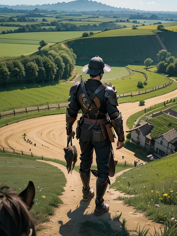  Cartoon style pictures ，(Europe)，（Shooting from above），man,midnight，Overall black tone，  中世纪金属full body armor，full body armor， Medieval dilapidated countryside village，farmland，river，farm cattle，dog，chicken，duck，rabbit，torch，horse，farmer，companion，Soldier，laboeld，farming，(Visor Helmet，In the shadows，Faceless，健壮的man, strong, shabby),dynamic poses， ((Turn your back to the camera，look into the distance，not looking at camera)), 